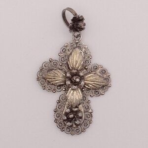 Vintage Artisan Crafted Silver Tone Cross Pendant Rose Floral Filigree